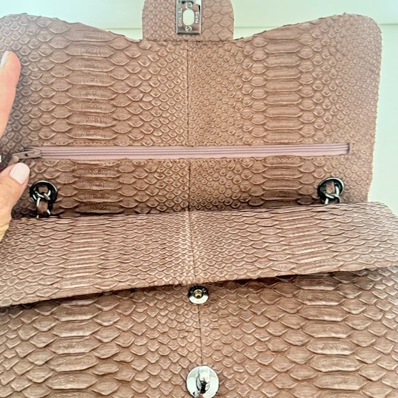 AUTHENTIC CHANEL 11A EXOTIC PYTHON JUMBO CLASSIC DOUBLE FLAP BAG BROWN - Picture 7 of 13